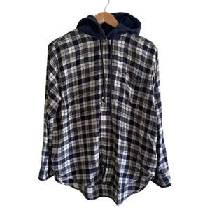 American Eagle Y2K Plaid Flannel Hoodie Shirt Blue Black Gray Large